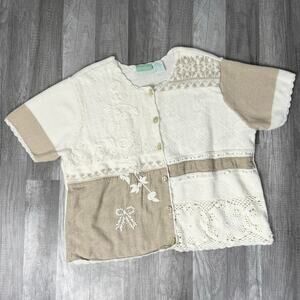 Vintage 90s Short Sleeve Cardigan Sweater Tan White 2X Plus Size Cottagecore